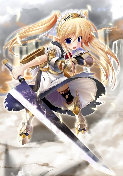 Anime picture 700x1000 with original kiryuu takahisa single long hair tall image blush open mouth blue eyes blonde hair twintails pointy ears girl dress weapon sword headdress armor