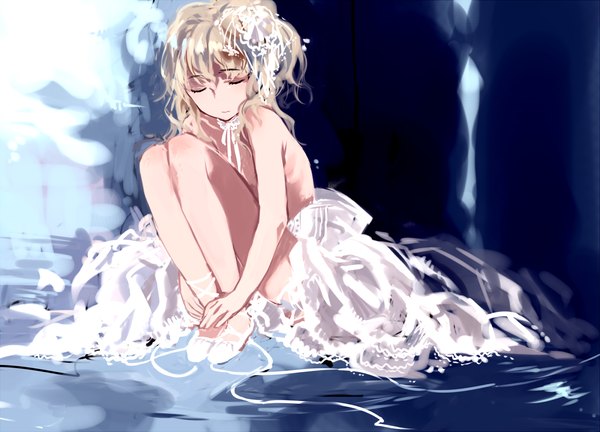 Anime picture 1800x1296 with original tan (tangent) single long hair highres blonde hair sitting bare shoulders eyes closed girl dress