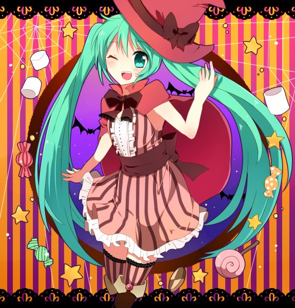 Anime picture 1150x1200 with vocaloid hatsune miku ao ringo (artist) long hair tall image open mouth twintails green eyes one eye closed green hair wink girl bow hat candy bat