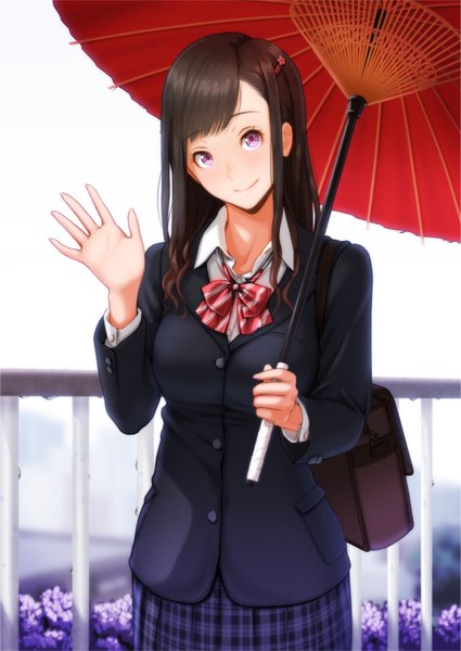 Anime picture 652x921 with original nanahime (aoi) single long hair tall image looking at viewer black hair smile purple eyes girl skirt uniform flower (flowers) school uniform umbrella school bag oriental umbrella