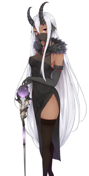 Anime picture 1705x3384 with original yue chi single tall image looking at viewer fringe highres breasts simple background red eyes standing white background holding animal ears white hair very long hair horn (horns) mole zettai ryouiki mole under eye