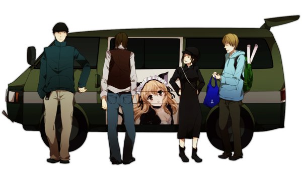 Anime picture 1390x800 with durarara!! brains base (studio) kadota kyohei yumasaki walker karisawa erika togusa saburou long hair short hair black hair blonde hair brown hair wide image maid cat girl group crossover girl hat