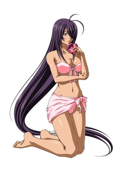 Anime picture 1000x1417 with ikkitousen kanu unchou single tall image looking at viewer fringe blue eyes light erotic white background bare shoulders purple hair ahoge very long hair hair over one eye kneeling valentine girl navel hair ornament bow