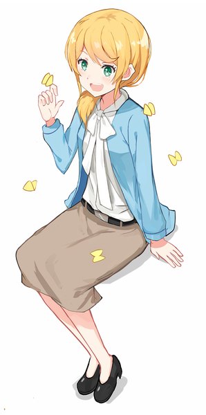 Anime picture 696x1400 with new horizon ellen baker kenkaizar single long hair tall image open mouth blonde hair simple background white background sitting looking away full body aqua eyes from above low ponytail butterfly on hand girl skirt belt