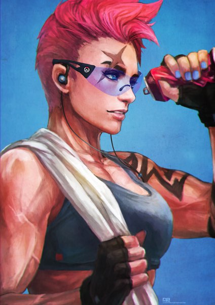 Anime picture 2480x3508 with overwatch blizzard entertainment zarya (overwatch) monori rogue single tall image highres short hair breasts blue eyes simple background holding looking away pink hair nail polish parted lips profile fingernails lips scar