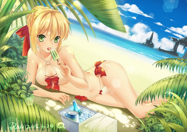 Anime picture 1488x1052 with fate (series) fate/extra type-moon nero claudius (fate) (all) nero claudius (fate) blue (bluelot) single looking at viewer short hair light erotic blonde hair green eyes sky cloud (clouds) beach girl navel bow swimsuit bikini