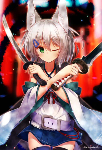 Anime picture 971x1424 with original surume aburi single tall image looking at viewer blush fringe short hair hair between eyes standing holding green eyes signed animal ears silver hair tail animal tail one eye closed blurry wide sleeves