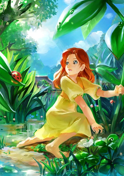 Anime picture 1240x1754 with the borrower arrietty studio ghibli arrietty streamingsun single long hair tall image open mouth sky cloud (clouds) barefoot orange hair orange eyes girl dress flower (flowers) plant (plants) water insect grass