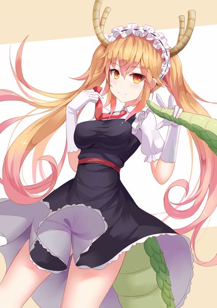 Anime picture 1414x2000 with kobayashi-san chi no maidragon kyoto animation tooru (maidragon) aaeru single long hair tall image looking at viewer fringe light erotic blonde hair smile hair between eyes yellow eyes payot horn (horns) maid dragon girl dragon tail girl