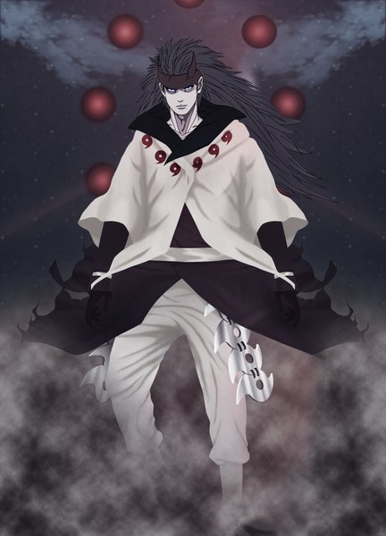 Anime picture 1458x2025 with naruto studio pierrot naruto (series) uchiha madara anvmadara long hair tall image looking at viewer bent knee (knees) horn (horns) lips night night sky coloring serious weightlessness dust fog rinnegan god