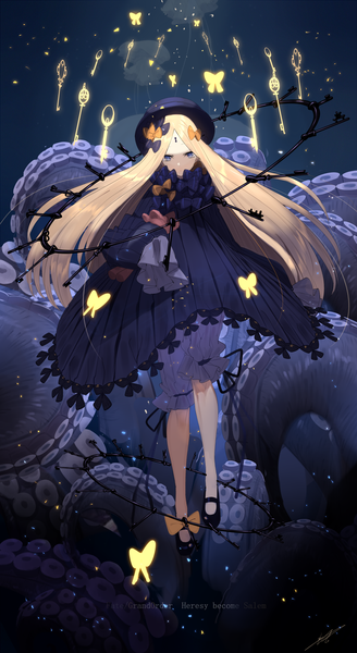 Anime picture 784x1433 with fate (series) fate/grand order abigail williams (fate) touzai (poppin phl95) single long hair tall image looking at viewer blonde hair purple eyes signed full body copyright name floating hair underwater girl dress bow hair bow hat