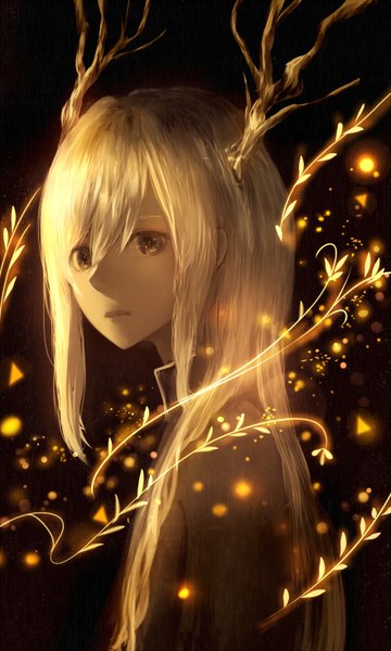Anime picture 882x1470 with original bounin single long hair tall image looking at viewer fringe open mouth simple background brown eyes upper body white hair horn (horns) black background glow girl plant (plants) branch