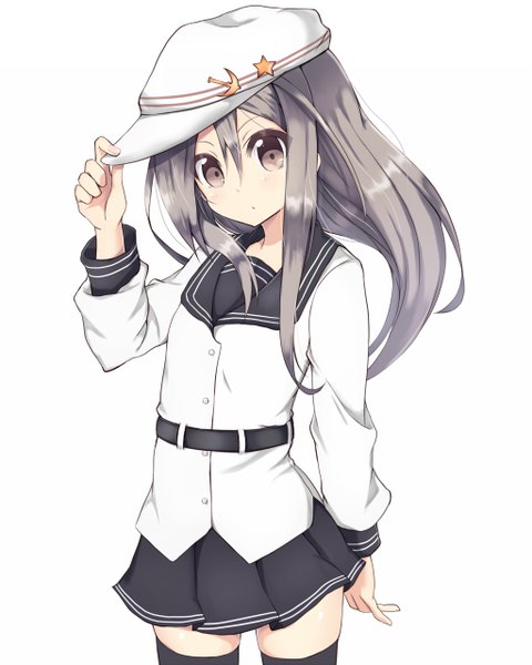 Anime picture 1024x1280 with kantai collection hibiki destroyer verniy destroyer zuihou light aircraft carrier amano kouki single long hair tall image looking at viewer blush simple background white background grey hair grey eyes cosplay hammer and sickle verniy (kantai collection) (cosplay) girl thighhighs skirt