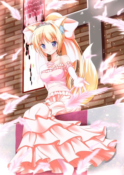 Anime picture 848x1200 with original kasumi toshizou takataka long hair tall image blush blue eyes blonde hair animal ears ponytail tail animal tail fox ears fox tail fox girl girl dress gloves bow hair bow