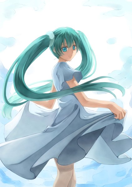 Anime picture 1240x1754 with vocaloid hatsune miku kona (shuu cream) single tall image blue eyes twintails very long hair aqua hair girl sundress