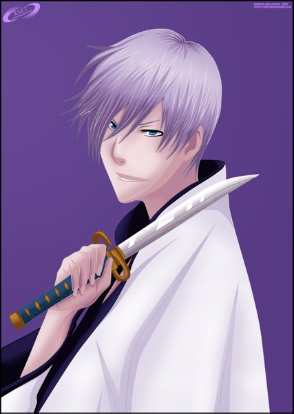 Anime picture 1205x1695 with bleach studio pierrot ichimaru gin xset single tall image short hair simple background smile signed purple hair japanese clothes aqua eyes coloring purple background boy weapon kimono knife