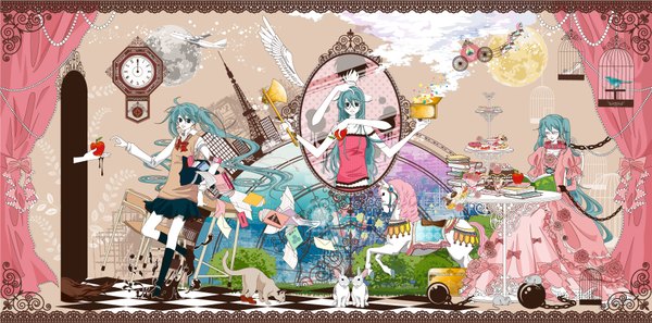 Anime picture 1774x881 with vocaloid romeo to cinderella (vocaloid) hatsune miku haruichi long hair highres wide image twintails city flying crossover detailed cinderella (cosplay) girl dress animal wings table clock bunny