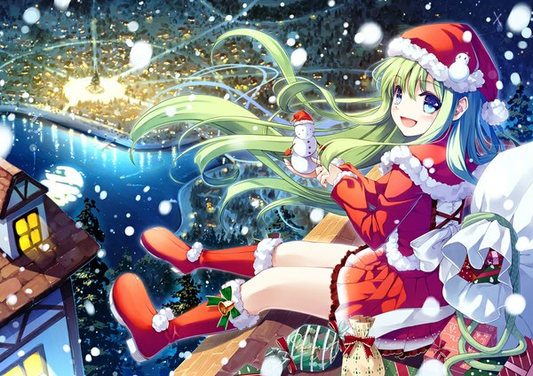 Anime picture 1024x724 with original miyase mahiro single long hair looking at viewer blush open mouth blue eyes green hair from above city snowing christmas winter city lights girl dress boots bell gift