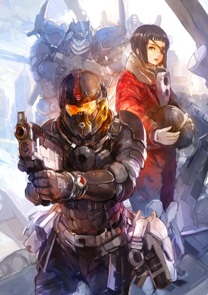 Anime picture 1200x1697 with mass effect 2 alchemaniac tall image looking at viewer short hair open mouth black hair science fiction girl boy weapon armor building (buildings) bodysuit eyepatch helmet skyscraper assault rifle airplane spacecraft