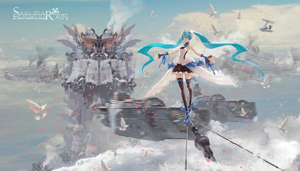 Anime picture 1000x571 with 7th dragon 2020 vocaloid hatsune miku x x (artist) looking at viewer fringe blue eyes wide image bare shoulders blue hair very long hair head tilt zettai ryouiki spread arms smoke walking girl thighhighs ribbon (ribbons) black thighhighs