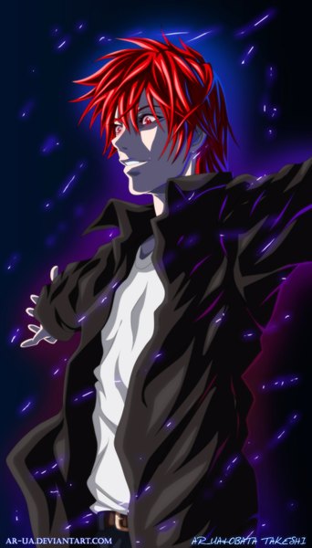 Anime picture 1000x1751 with death note madhouse yagami light ar-ua single tall image short hair smile red eyes red hair open clothes open shirt coloring spread arms purple background boy belt pants
