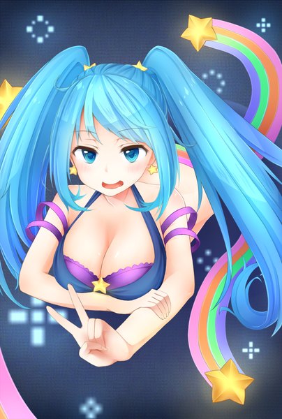 Anime picture 797x1181 with league of legends sona buvelle arcade sona (league of legends) nanabe (naanaa_ve) single long hair tall image looking at viewer blush fringe breasts blue eyes light erotic large breasts twintails blue hair victory girl hair ornament earrings