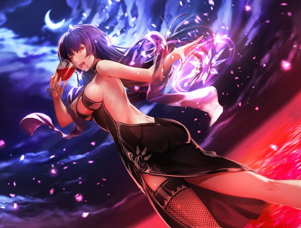 Anime picture 1500x1138 with original a-line single long hair breasts light erotic red eyes purple hair cloud (clouds) looking back magic crescent girl thighhighs dress petals moon blood single thighhigh fishnet stockings