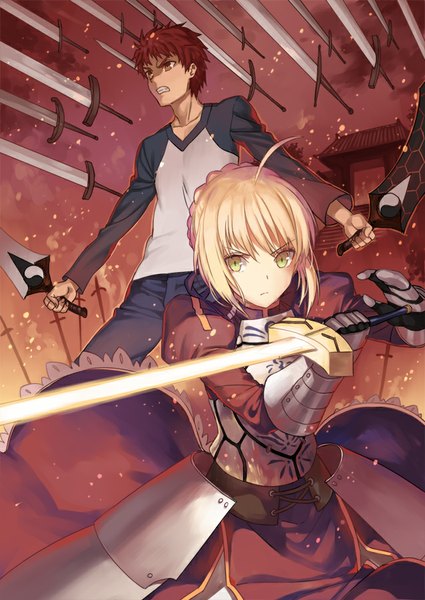 Anime picture 638x900 with fate (series) fate/stay night type-moon artoria pendragon (all) saber emiya shirou haijin tall image looking at viewer fringe short hair blonde hair green eyes looking away ahoge red hair orange eyes fighting stance girl boy