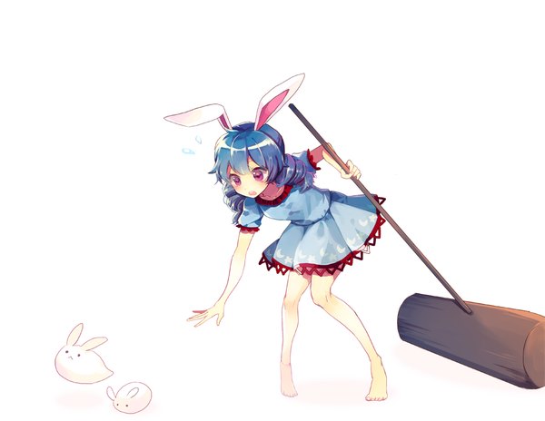 Anime picture 1000x774 with touhou seiran (touhou) nr (cmnrr) single long hair blush open mouth simple background white background purple eyes animal ears blue hair barefoot leaning bunny ears leaning forward outstretched arm drill hair looking down bunny girl