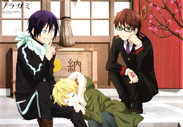 Anime picture 2500x1741 with noragami studio bones yato (noragami) yukine (noragami) kazuma (noragami) fringe highres short hair blonde hair smile brown hair sitting green eyes purple hair eyes closed aqua eyes multiple boys cherry blossoms finger to mouth pale skin