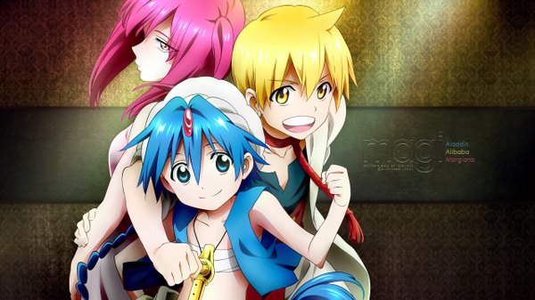 Anime picture 2560x1440 with magi the labyrinth of magic a-1 pictures morgiana aladdin (magi) ali baba saluja long hair looking at viewer highres short hair open mouth blue eyes blonde hair smile wide image yellow eyes blue hair pink hair traditional clothes pink eyes multiple boys