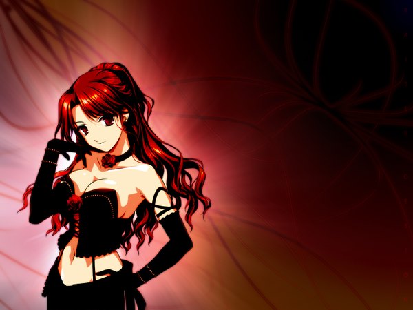 Anime picture 1600x1200 with mabinogi rua raiserdesignz single long hair light erotic red eyes standing bare shoulders ponytail red hair midriff hand on hip lacing third-party edit girl gloves choker black gloves elbow gloves