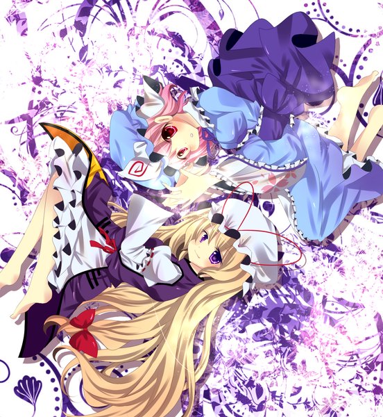 Anime picture 1312x1424 with touhou yakumo yukari saigyouji yuyuko stigma1101 tall image blonde hair smile purple eyes multiple girls pink hair pink eyes girl bow 2 girls hat