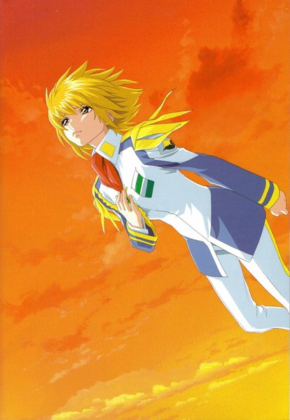 Anime picture 1211x1752 with mobile suit gundam gundam seed sunrise (studio) cagalli yula athha tall image short hair blonde hair yellow eyes sky cloud (clouds) evening sunset looking up orange background girl uniform military uniform