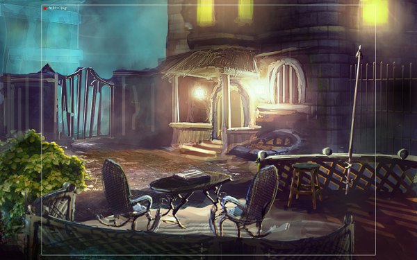 Anime picture 1280x800 with original wolfewolf (arist) wide image night no people street fog plant (plants) window table lantern stairs fence armchair house door