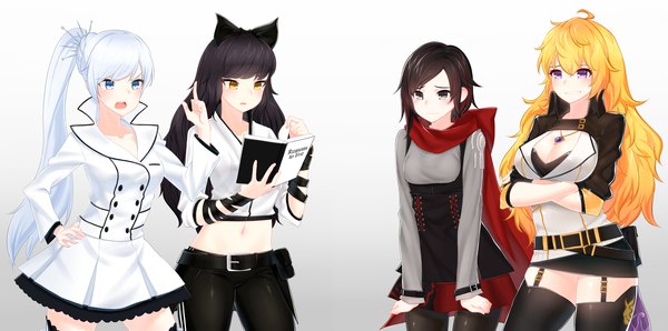 Anime picture 4020x2000 with rwby rooster teeth ruby rose weiss schnee blake belladonna yang xiao long narynn long hair blush fringe highres short hair breasts open mouth blue eyes light erotic black hair blonde hair simple background smile