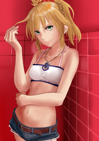 Anime picture 2480x3507 with fate (series) fate/grand order fate/apocrypha mordred (fate) kilye 4421 single tall image looking at viewer fringe highres short hair breasts blonde hair standing green eyes payot cleavage ponytail braid (braids) light smile