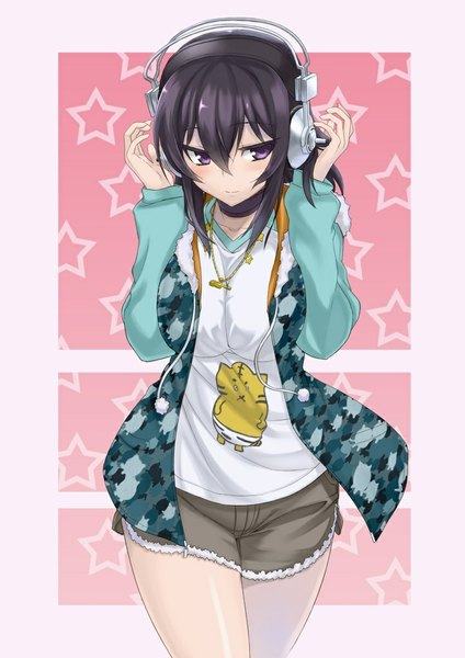 Anime picture 723x1023 with original maou single tall image short hair black hair purple eyes cosplay girl jacket shorts headphones