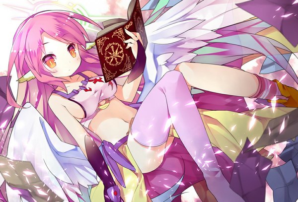 Anime picture 1000x679 with no game no life madhouse jibril (no game no life) saru (longbb) single long hair looking at viewer blush light erotic sitting animal ears pink hair bare belly orange eyes low wings girl thighhighs navel petals wings
