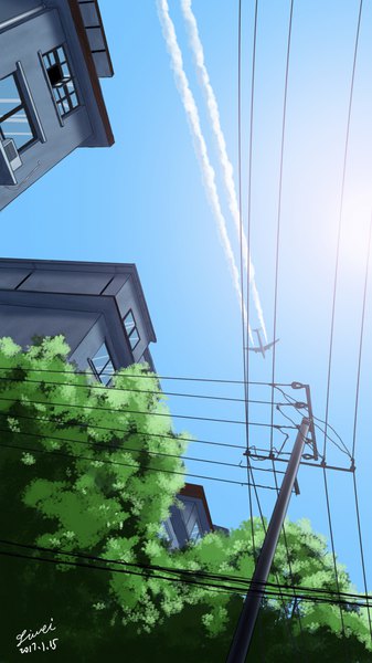 Anime picture 1080x1920 with original liwei191 tall image signed sky night dated light no people condensation trail plant (plants) tree (trees) building (buildings) wire (wires) house aircraft airplane roof pole