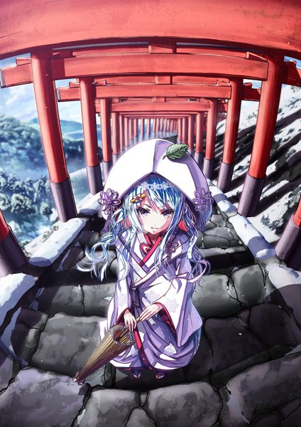 Anime picture 1000x1415 with vocaloid hatsune miku yuki miku yuki miku (2013) 108tooya single long hair tall image looking at viewer fringe blue eyes smile twintails blue hair long sleeves from above sunlight wide sleeves snow mountain