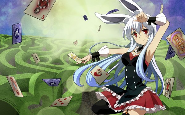 Anime picture 2560x1600 with mondaiji-tachi ga isekai kara kuru sou desu yo? kurousagi (mondaiji) single long hair highres red eyes wide image silver hair bunny ears bunny girl girl thighhighs dress black thighhighs card (cards)