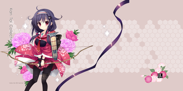 Anime picture 5598x2811 with kantai collection taigei light aircraft carrier ryuuhou seaplane tender mitha single long hair looking at viewer blush highres black hair red eyes wide image twintails absurdres low twintails girl flower (flowers) weapon pantyhose necktie