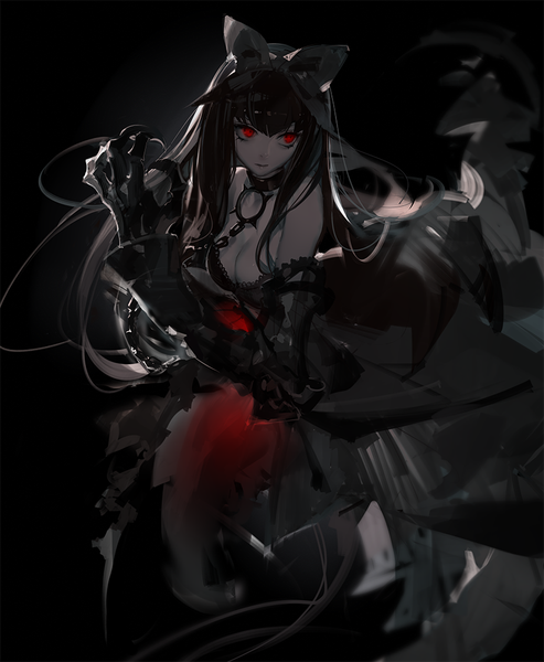 Anime picture 821x1000 with kantai collection seaplane tender hime ask (askzy) single tall image breasts black hair simple background red eyes bare shoulders looking away cleavage very long hair black background dark background white skin girl dress bow hair bow