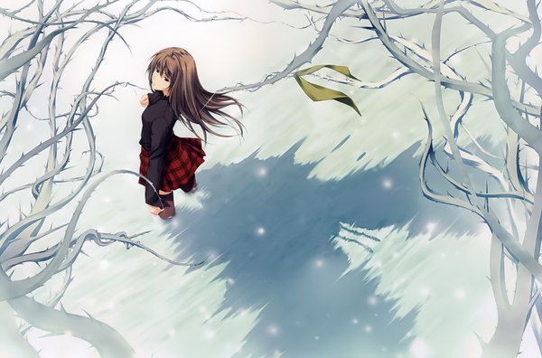 Anime picture 4000x2643 with pianissimo shirakawa ayane sugina miki single long hair looking at viewer fringe highres blue eyes hair between eyes brown hair absurdres pleated skirt looking back from above wind scan official art shadow partially submerged