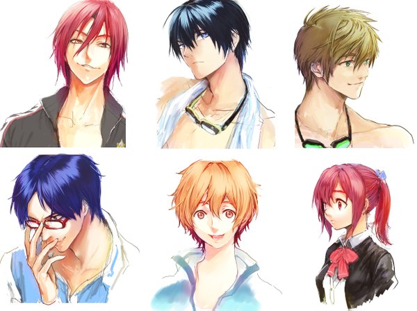 Anime picture 1346x1007 with free! kyoto animation matsuoka rin nanase haruka (free!) tachibana makoto matsuoka gou hazuki nagisa ryugazaki rei tagme (artist) short hair blue eyes black hair blonde hair red eyes green eyes blue hair ponytail red hair orange hair multiple boys