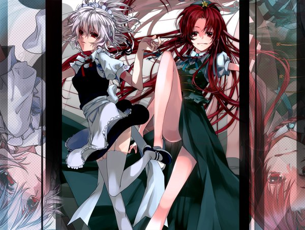 Anime picture 1500x1133 with touhou izayoi sakuya hong meiling manyako (mohumohu) long hair short hair red eyes multiple girls white hair red hair grey hair maid legs chinese clothes zoom layer girl thighhighs 2 girls hat headdress