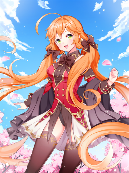 Anime picture 720x962 with sword girls gotmil single tall image blush open mouth twintails green eyes cloud (clouds) ahoge very long hair orange hair cherry blossoms girl thighhighs dress bow black thighhighs hair bow petals