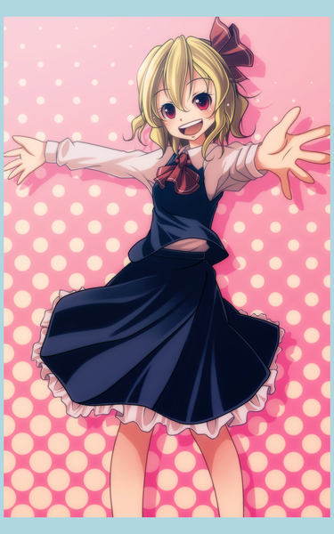 Anime picture 1000x1600 with touhou rumia s-syogo single tall image short hair open mouth blonde hair red eyes spread arms polka dot polka dot background girl dress skirt skirt set
