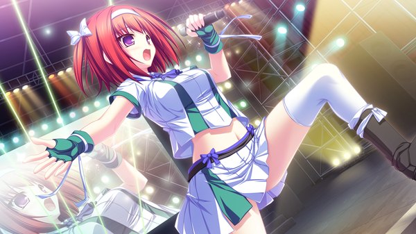 Anime picture 1920x1080 with maikaze no melt tsubaki nazuna tenmaso highres short hair open mouth wide image purple eyes game cg red hair girl thighhighs white thighhighs microphone